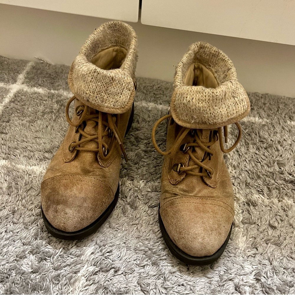 Brown Tan Ankle Boots Combat Boots lace up versatile adjustable 2 in 1 button - Picture 3 of 12